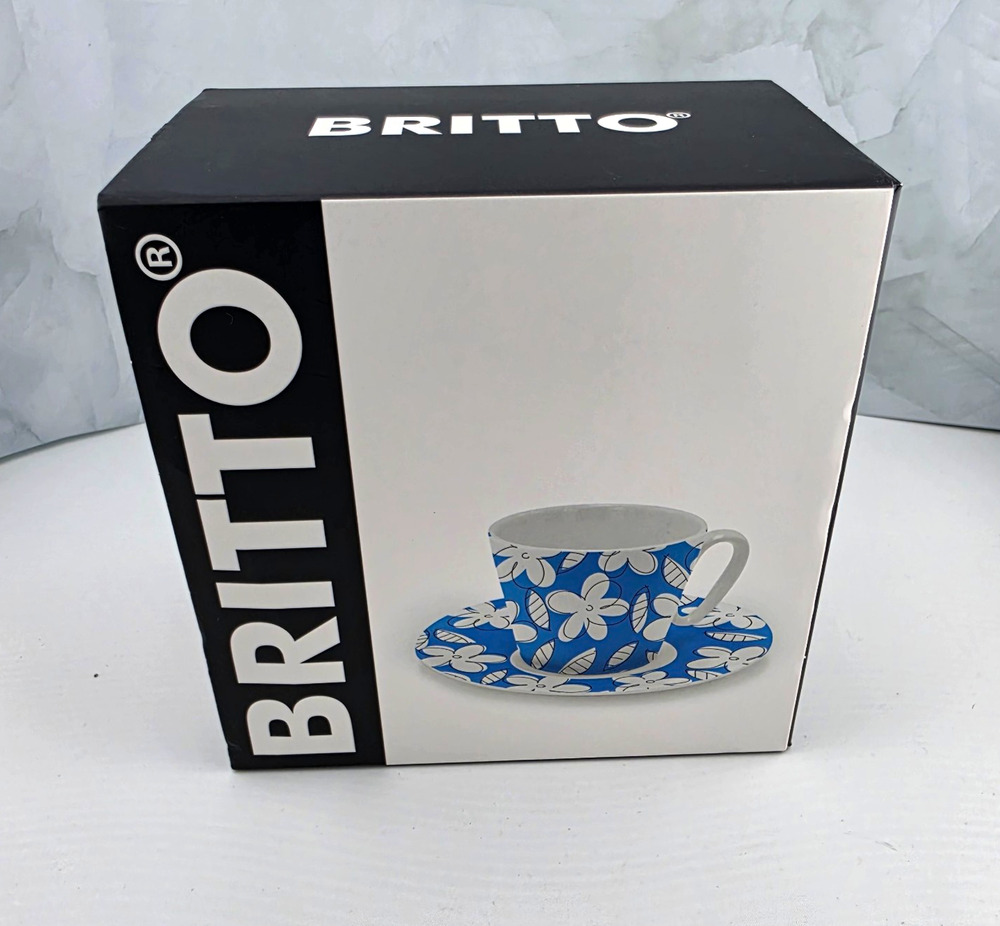 Romero Britto Espresso Cup Saucer Set Blue Flowers Fine Bone China 3.3 oz NIB